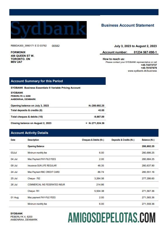 Baixável Sydbank Enterprise modelo de extrato de conta Word e PDF